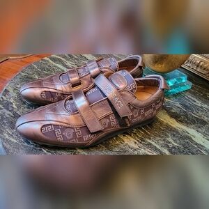 Versace Women’s Bronze Leather Sneakers Crystal Logo Slip On Strap Sz 9 40